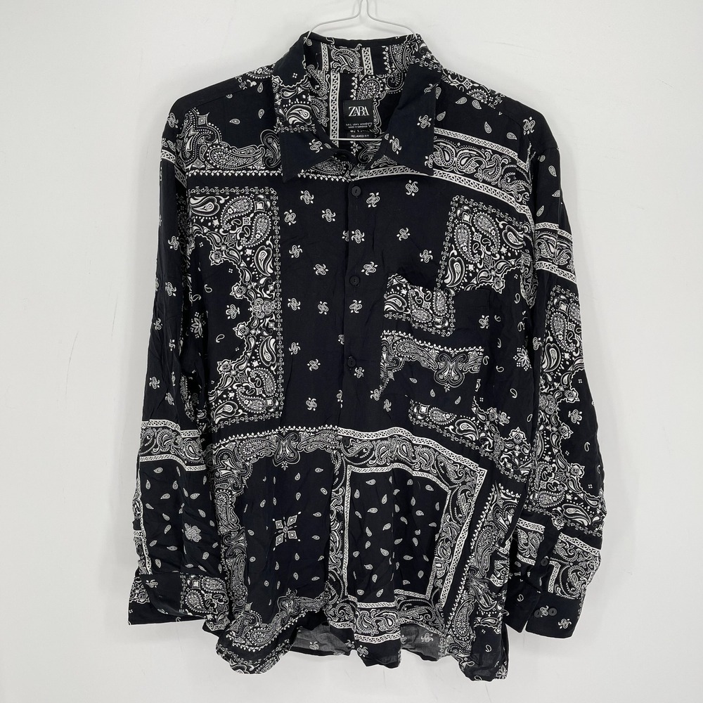 ZARA Men's Y2K Style Black Bandana Print Relaxed Fit Button Up Shirt Size Large